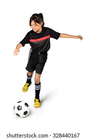 Young Asian Girl Holding Soccer Ball, Isolated Over White