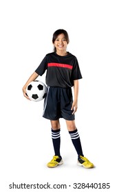 Young Asian Girl Holding Soccer Ball, Isolated Over White