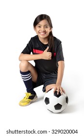 Young Asian Girl Holding Soccer Ball, Isolated Over White