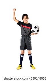 Young Asian Girl Holding Soccer Ball And Hand Up, Isolated Over White