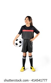 Young Asian Girl Holding Soccer Ball, Isolated Over White