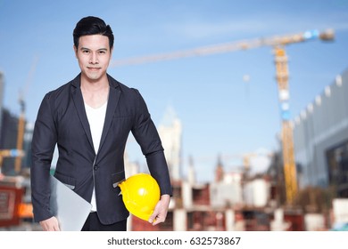 Young Asian Handsome Architect With Computer In Hands, 20-30 Year Old.