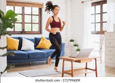 Young Asian Healthy Woman Workout At Home, Exercise, Fit, Doing Yoga, Home Fitness Concept