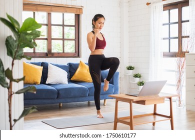 Young Asian Healthy Woman Workout At Home, Exercise, Fit, Doing Yoga, Home Fitness Concept