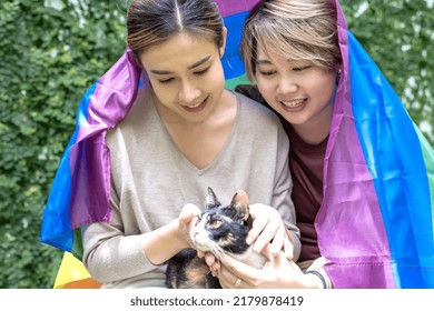 Young Asian LGBTQ Lesbian Couples Playing With Cat, Happy Lesbian Lovers With Rainbow Flag Holding Cat, Cheerful Couples With Cat, Asian Lesbians Spending Happy Time Together,  LGBTQ Pride Concept