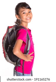 A Young Asian Malay Girl With A Backpack Over White Background