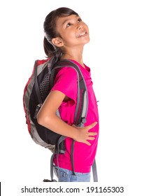 A Young Asian Malay Girl With A Backpack Over White Background