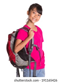 A Young Asian Malay Girl With A Backpack Over White Background