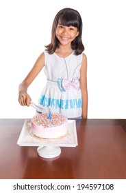 Young Asian Malay Girl Celebrating Birthday With Ice Cream Cake.