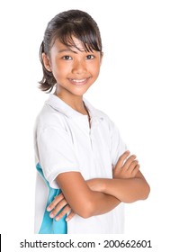 Young Asian Malay School Girl In School Uniform Over White Background