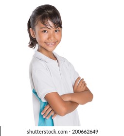 Young Asian Malay School Girl In School Uniform Over White Background