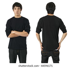 Young Asian Male With Blank Long Sleeve Black Shirt, Front And Back. Ready For Your Design Or Logo.