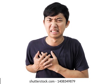 Young Asian Man Black Shirt Chest Pain And Grab Two Hand At His Chest Feel Hurt And Unhappy At Face On White Isolate Background