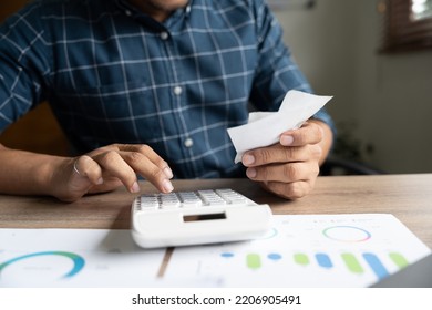 Young Asian Man Calculating Expenses Household About Finance And Frustrated On Desk At Home, Male Checking Bill Having Stress And Worried, Debt And Tax, Expression And Emotion, Business Concept.