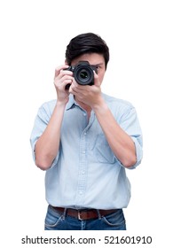 Young Asian Man With Camera Isolated On White Background. Photographer Concept