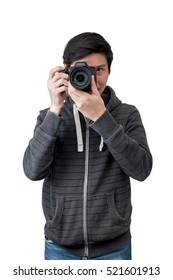 Young Asian Man With Camera Isolated On White Background. Photographer Concept