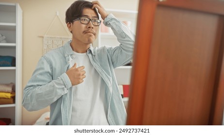 Young asian man in casual attire grooming in front of a mirror indoors - Powered by Shutterstock