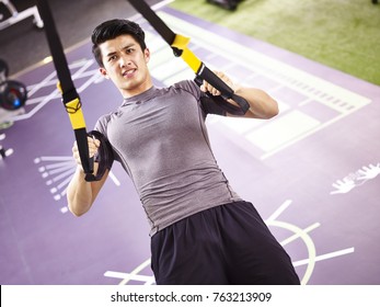 Young Asian Man Exercising In Gym Using Fitness Straps.