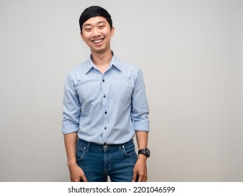 Young Asian Man Gentle Smile Standing Studio Shot White Background