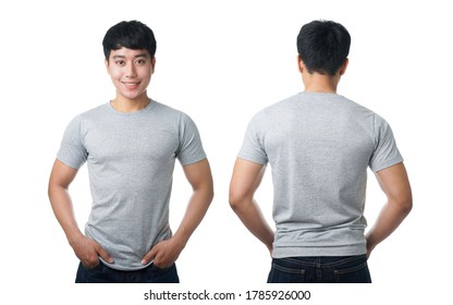 Young Asian Man In Gray T-shirt, Front And Back On White Background.