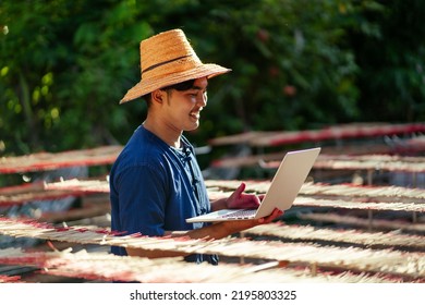 Young Asian Man Indigenous Entrepreneur Incense Sticks SME Business Use Computer Laptop For E-commerce Or Business Online. Southeast Asia Culture And Tourism.