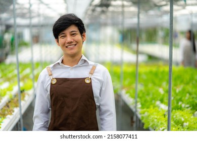 A Young Asian Man Organic Farm Owner Smiles At The Quality Of Organic Vegetables Harvested On The Farm.