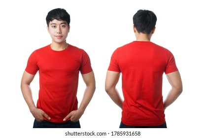 Young Asian Man In Rose Color T-shirt, Front And Back On White Background.