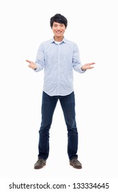 Young Asian man showing welcome sign isolated on white background.