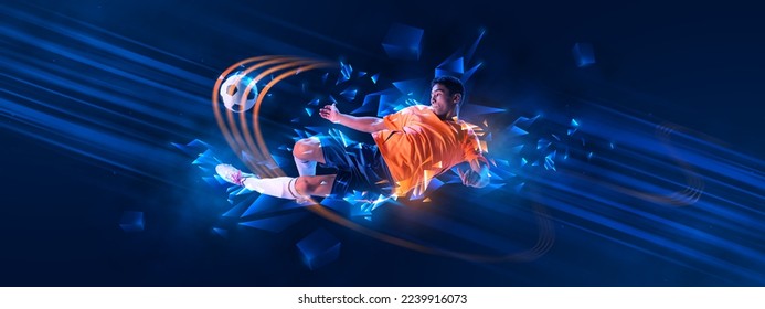 Young asian man, soccer player kick football ball over dark blue background with polygonal and fluid neon elements. Concept of sport, activity, creativity. Copy space for ad, text - Powered by Shutterstock