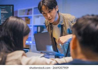 Young Asian man software developers mentor leader manager Verification and validation in software testing ensure developers drive the development of engineering technologies Programmer development