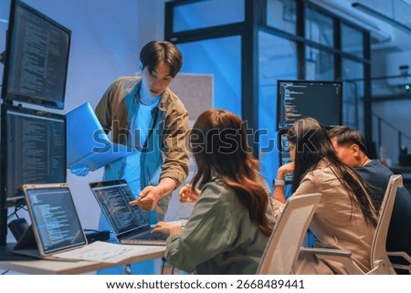 Young Asian man software developers mentor leader manager Verification and validation in software testing ensure developers drive the development of engineering technologies Programmer development