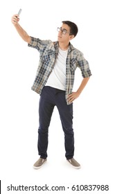 Young Asian Man Taking Selfie On White Background