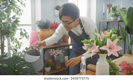 Young asian man watering plants in a flower shop, creating an inviting green interior. - Powered by Shutterstock