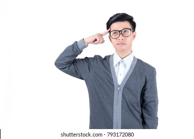 Young Asian Man In White Shirt And Grey Jacket Thinking Isolated On White Background 