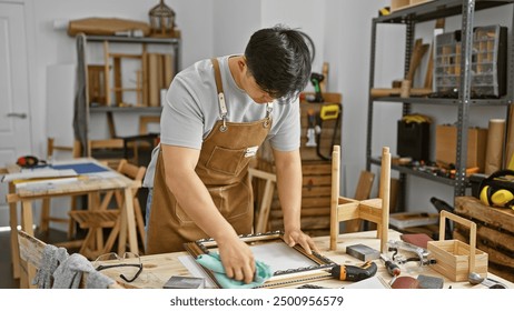 Young asian man working carefully in a cluttered carpentry workshop, illustrating manual labor and craft. - Powered by Shutterstock