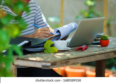 Young Asian Man Working Online From Home At The Garden. Man Using Laptop For Online Working At Home. 