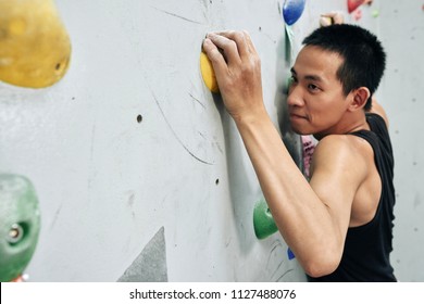 Young Asian Man Working Out In Bouldering Center And Climbing Wall With Concentration Grabbing Colorful Boulder On Wall