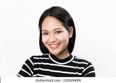 Young Asian pretty woman close up smilimg portrait isolated on white background.