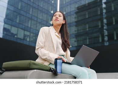 Young Asian Professional Business Woman Working With Laptop Outside The Office - Female Inspiration And Ambition