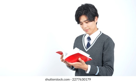 Young Asian schoolboy reading a text book.
