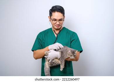 Young Asian Vet Wearing Scrubs And Glasses Examine Pet Cat Isolated Over White Background