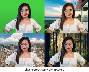 A young asian vlogger with a greenscreen background on the upper right and various replacement virtual backgrounds with color grading on the rest. - Powered by Shutterstock