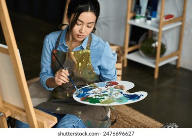 A young Asian woman artist mixes paint on a palette in her workshop. - Powered by Shutterstock