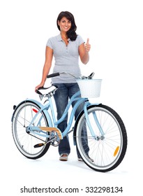 Young Asian Woman With Bicycle Isolated White Background.