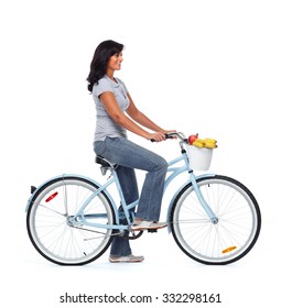 Young Asian Woman With Bicycle Isolated White Background.