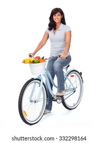 Young Asian Woman With Bicycle Isolated White Background.