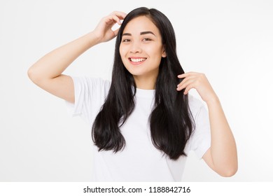 Young Asian Woman With Brunette Healthy Clean Shiny Hair Isolated On White Background. Girl Long Hairstyle. Copy Space