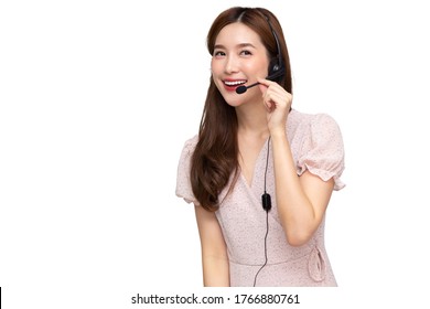 Young Asian Woman Call Center Isolated Over White Background, Telemarketing Sales Or Customer Service Operators In Headsets Concept