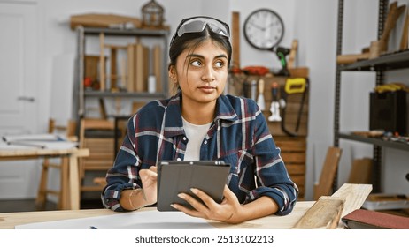 A young asian woman carpenter holding a tablet thoughtfully while in a workshop full of tools and wood. - Powered by Shutterstock