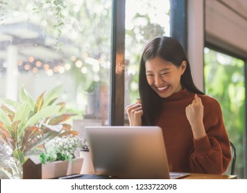 Young Asian woman celebrate success or happy pose with laptop